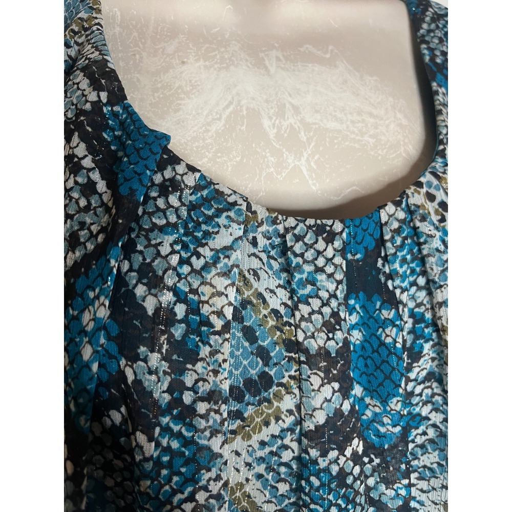 Sara Michelle Teal Blue Snakeskin Metallic Print Blouse Plus Size 3X Tie Sleeve - Picture 4 of 5